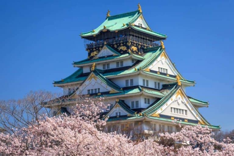 Osaka castle in cherry blossom season, Osaka, Japan