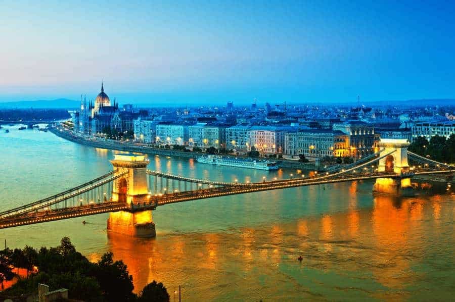 View of Chain Bridge, Hungarian Parliament and River Danube form Buda Castle.