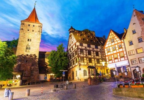 Scenic summer night view of the Old Town medieval architecture with half-timbered buildings in Nuremberg, Germany